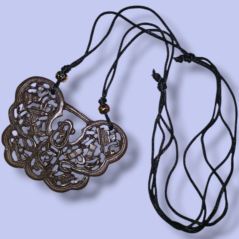 Vintage Chinese Carved Butterfly Pendant Openwork Nephrite Range Jade Necklace